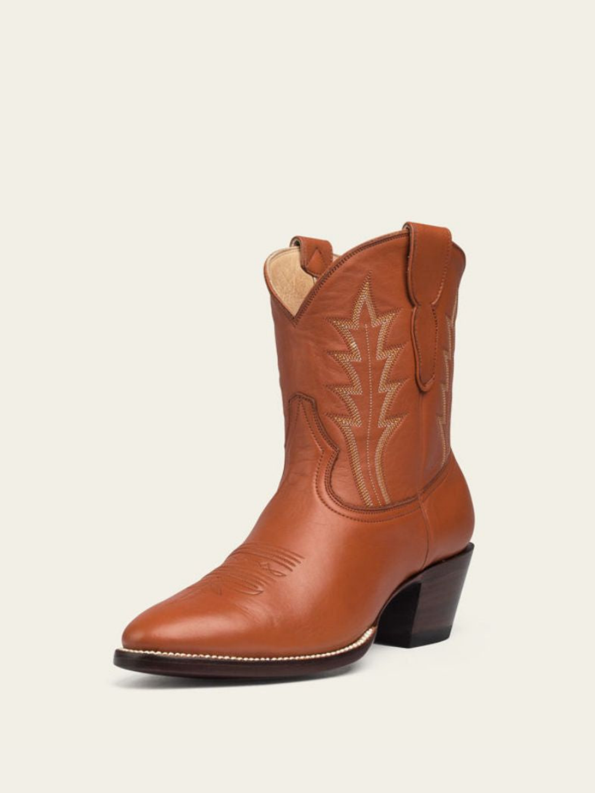 Brown Almond-Toe Embroidery Wide Mid Calf Western Boots For Women