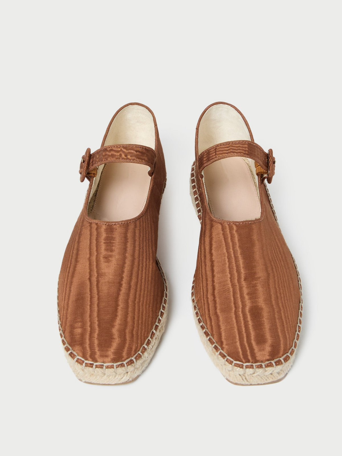 Brown Cloth Almond-Toe Adjustable Bridge Strap Espadrille Mary Janes Flats