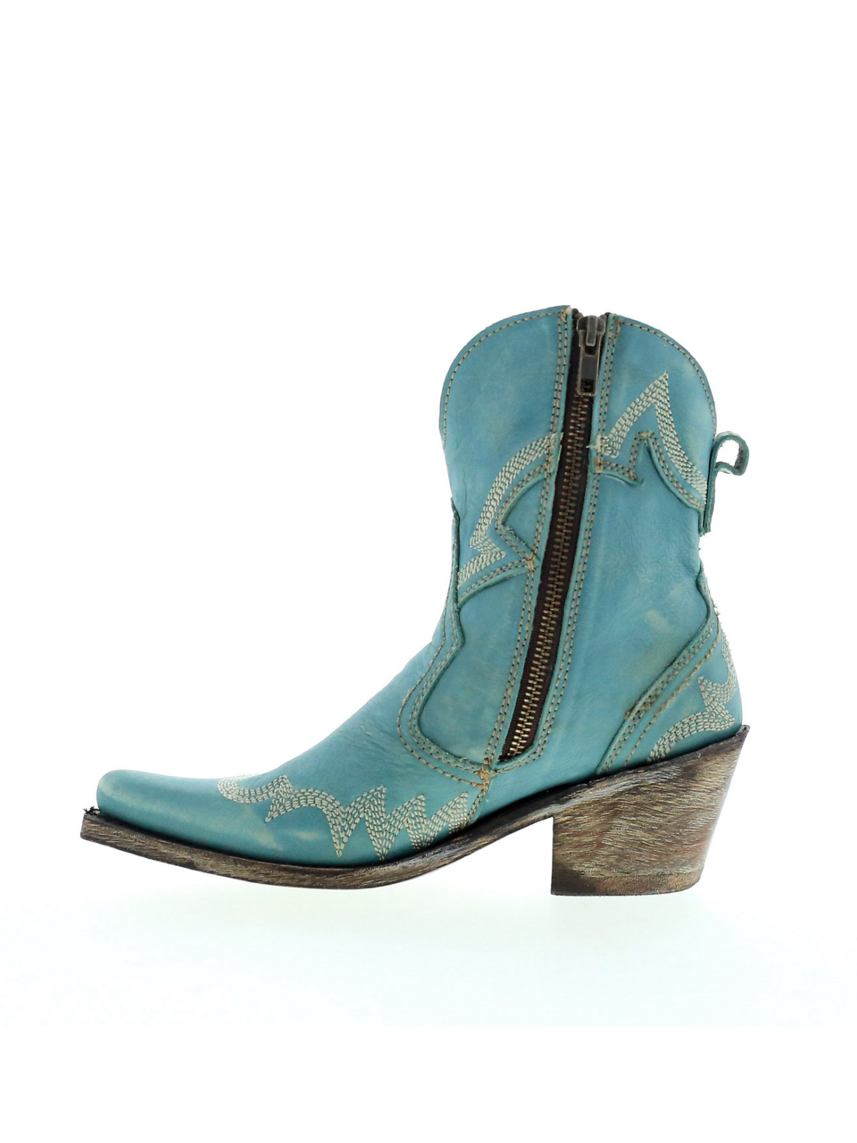 Turquoise Round Pointed-Toe Embroidery Full-Zip Ankle Booties