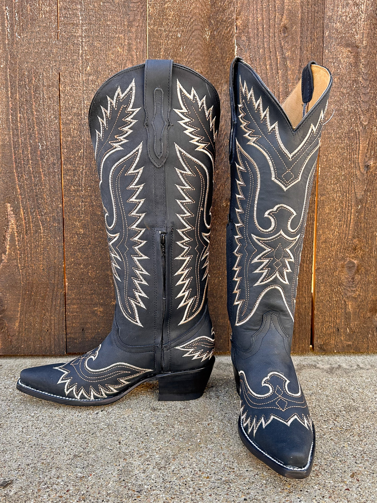 White Eagle Embroidery Snip-Toe Wide Calf Knee High Tall Cowgirl Boots - Black