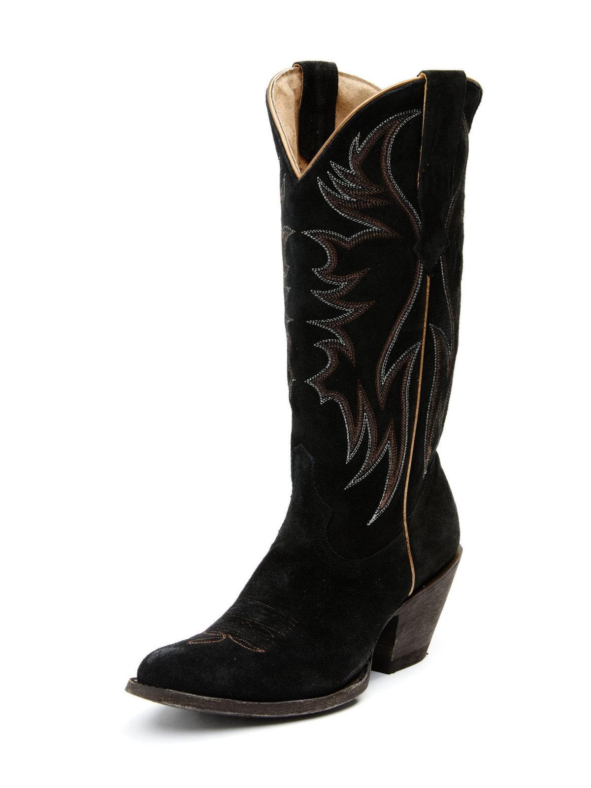 Faux Suede Wings Embroidery Pointed-Toe Wide Mid Calf Tall Cowgirl Boots - Black