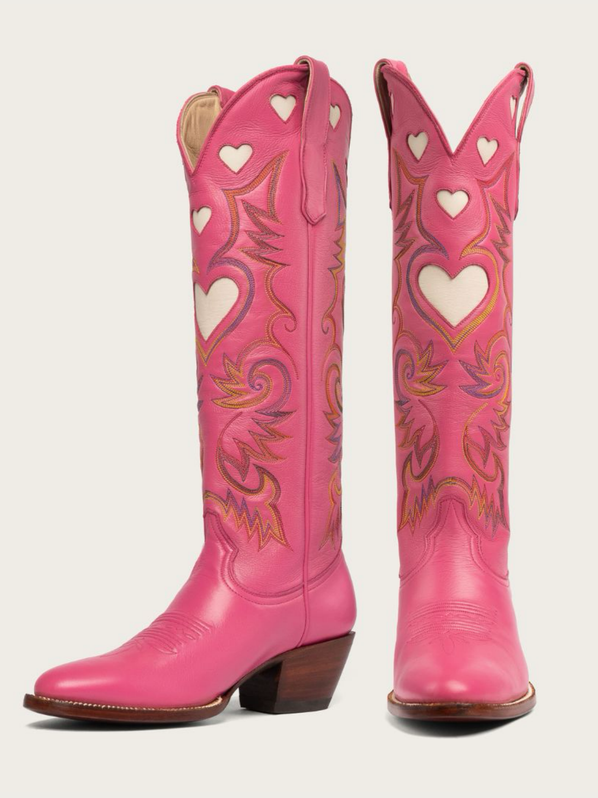 Ivory Heart Inlay Embroidery Almond-Toe Tall Wide Mid Calf Cowgirl Boots - Hot Pink