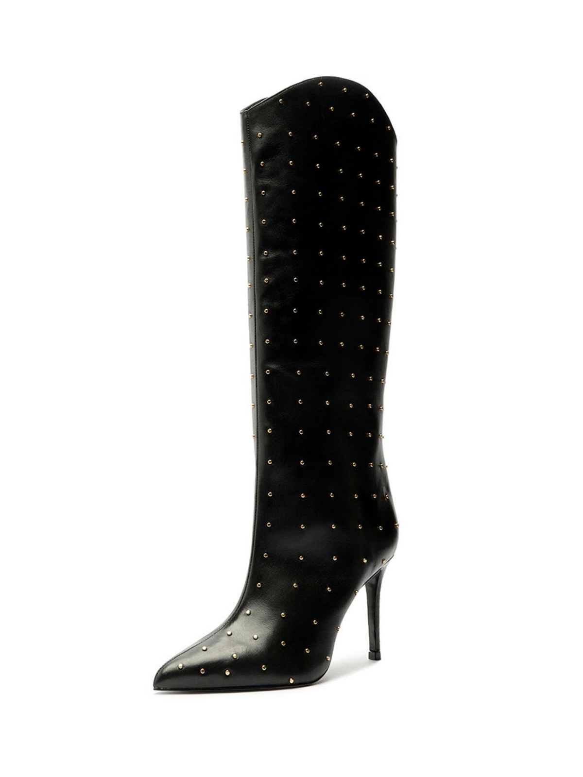 Black Pointed-Toe Wide Mid Calf Stiletto Boots With Studs