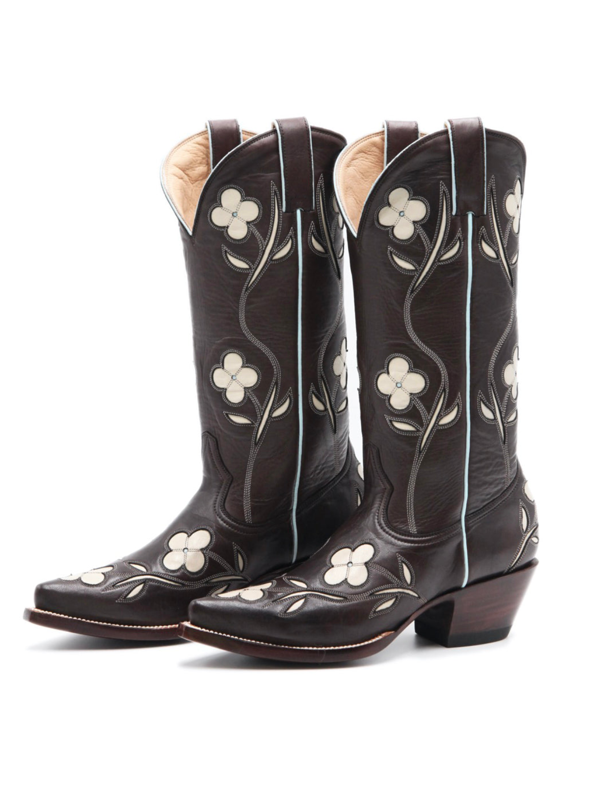 White Flower Inlay Pointed-Toe Wide Mid Calf Tall Cowgirl Boots In Chocolate