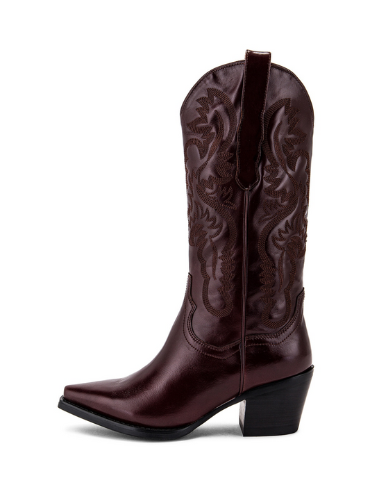 Metallic Wine Red Snip-Toe Embroidery Wide Mid Calf Tall Cowgirl Boots