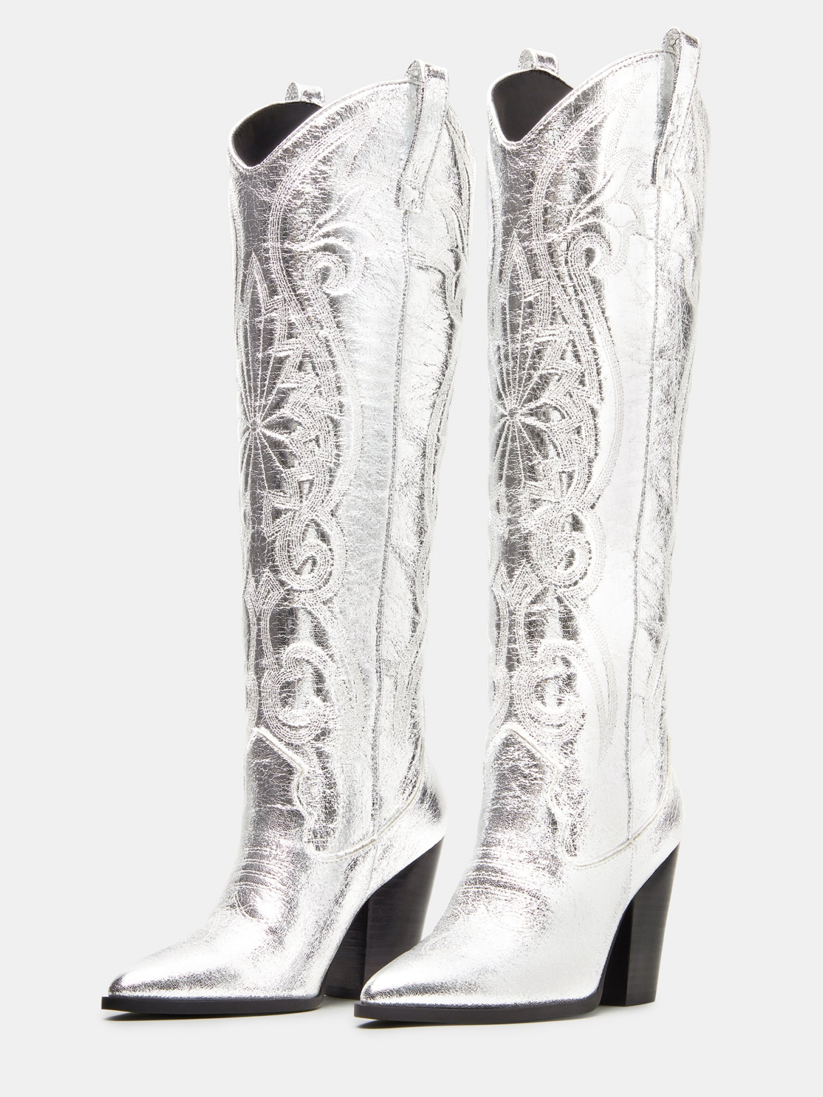 Metallic Silver Embroidery Pointed-Toe Tall Wide Calf Knee High Cowgirl Boots