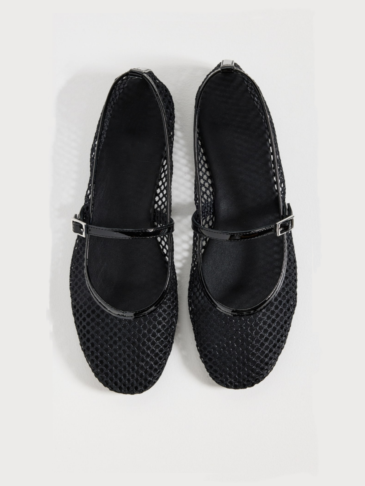 Black Fishnet Ballet Flats Mary Janes With Thin Buckle Strap