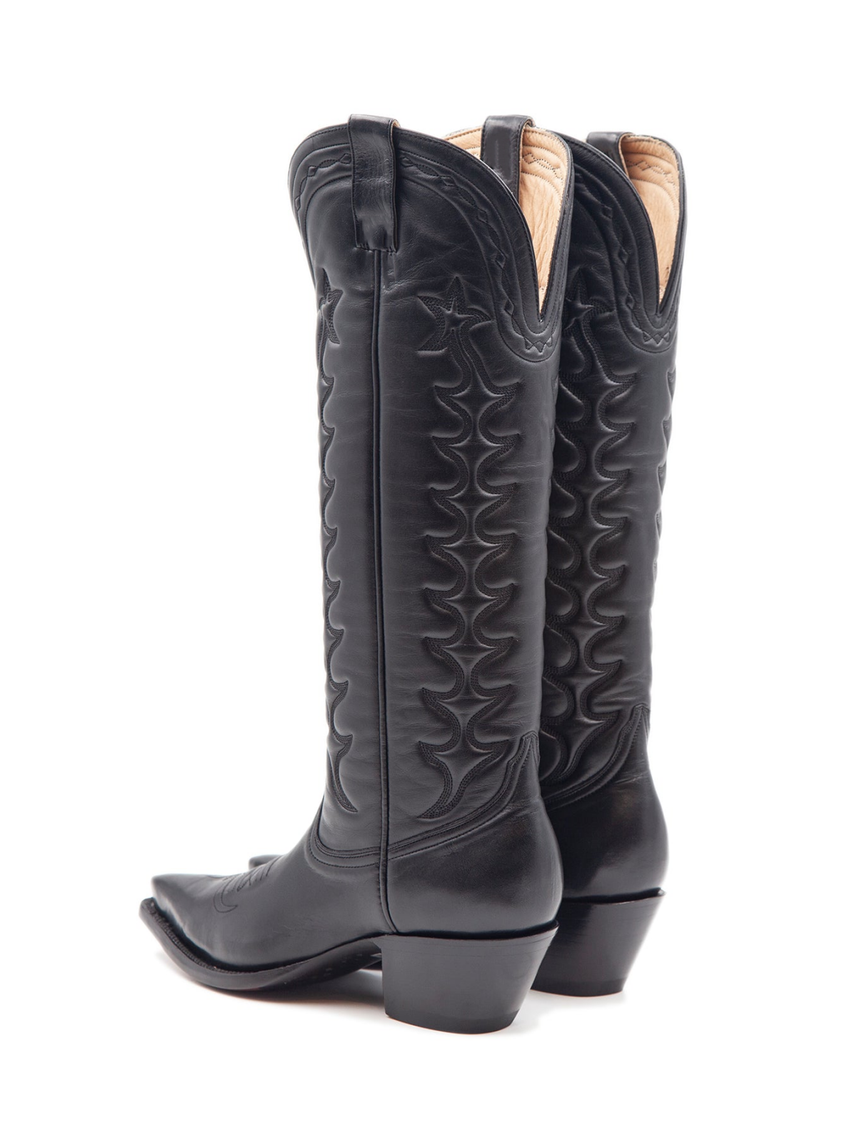 Midnight Black Padded Embroidery Pointed-Toe Wide Mid Calf Tall Cowgirl Boots