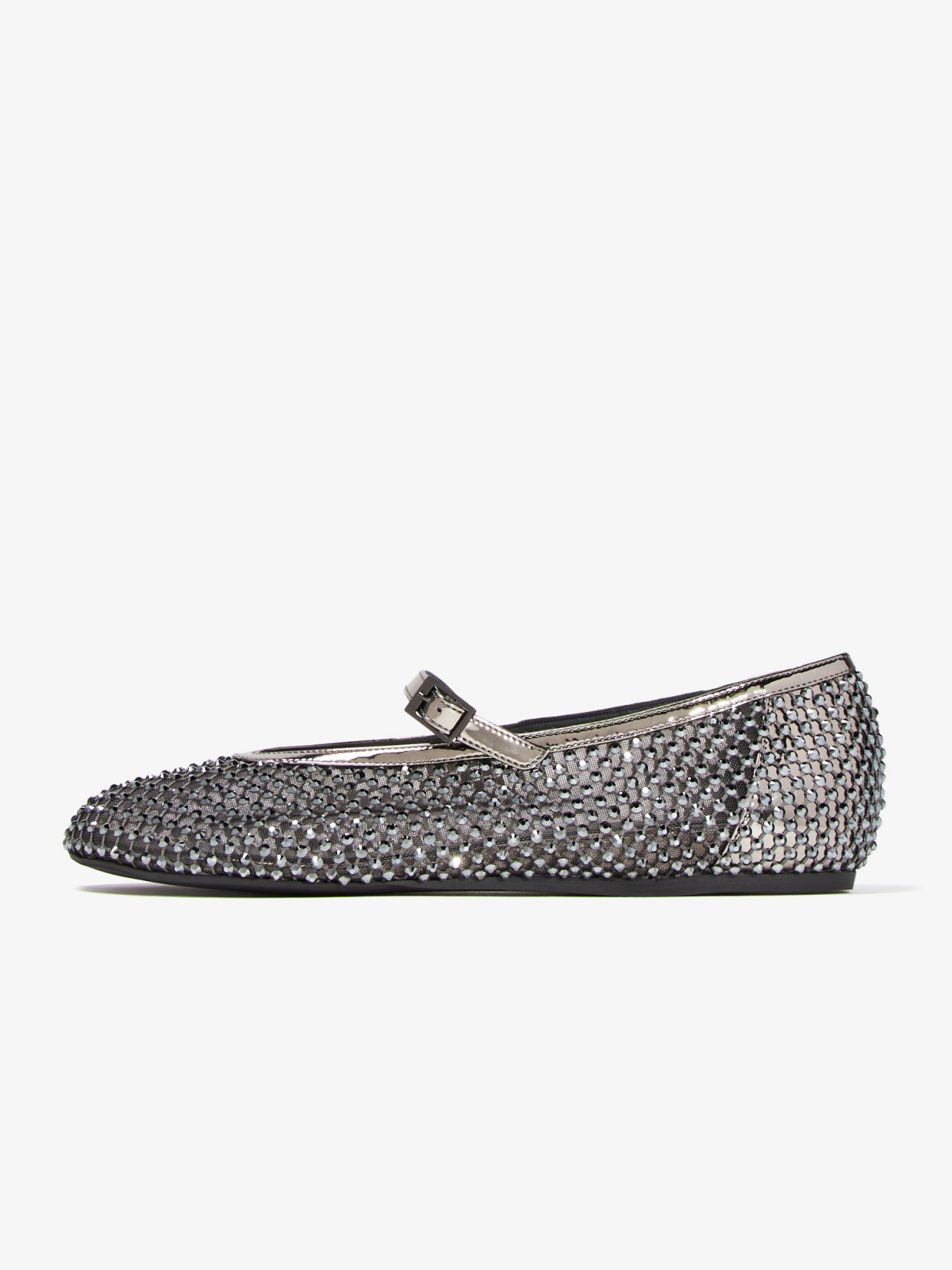 Metallic Silver Rhinestone Fishnet Round-Toe Ballet Flats Mary Janes