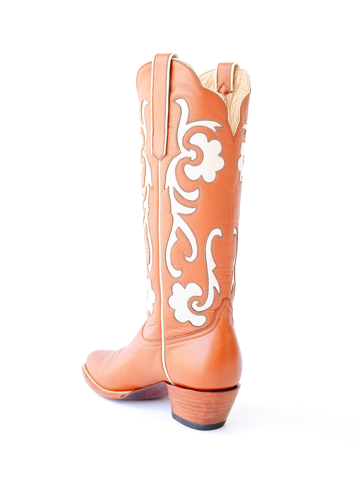 Orange Almond-Toe White Inlay Wide Mid Calf Tall Cowgirl Boots