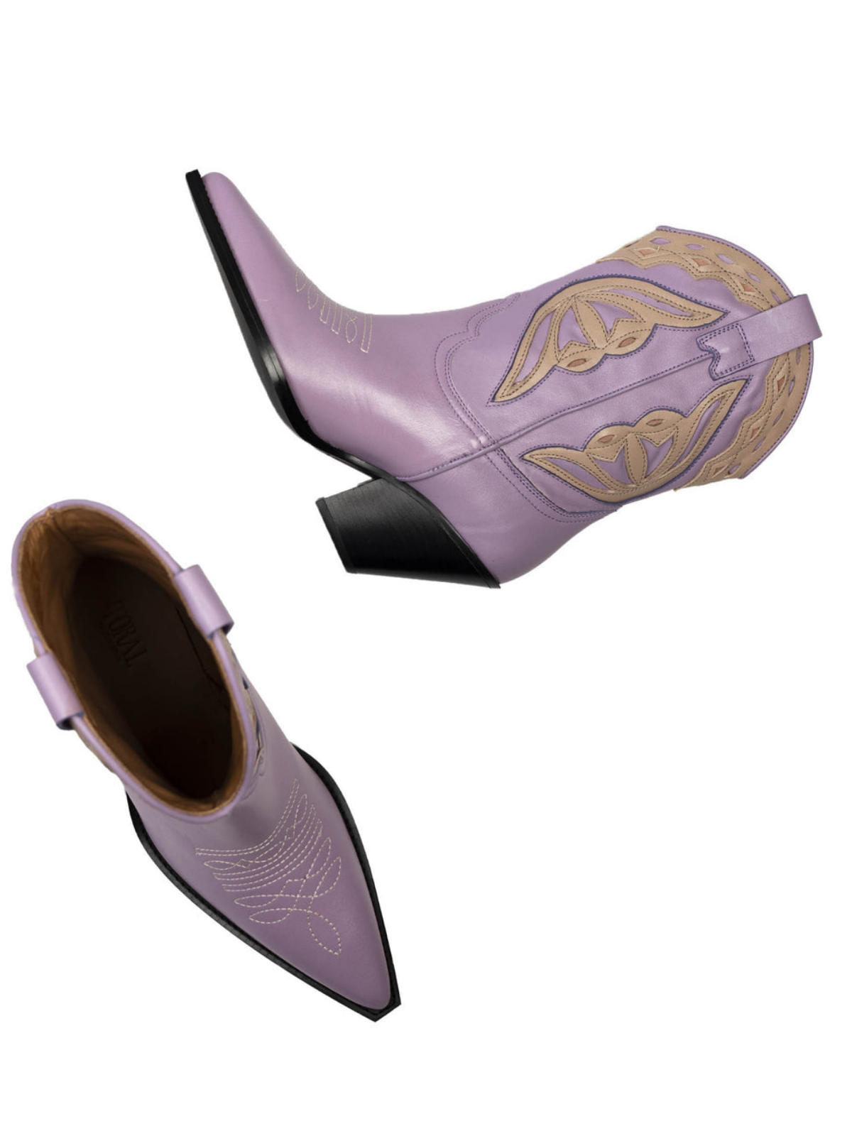 Lilac Purple Pointed-Toe Bone Inlay Applique Wide Mid Calf Cowgirl Boots