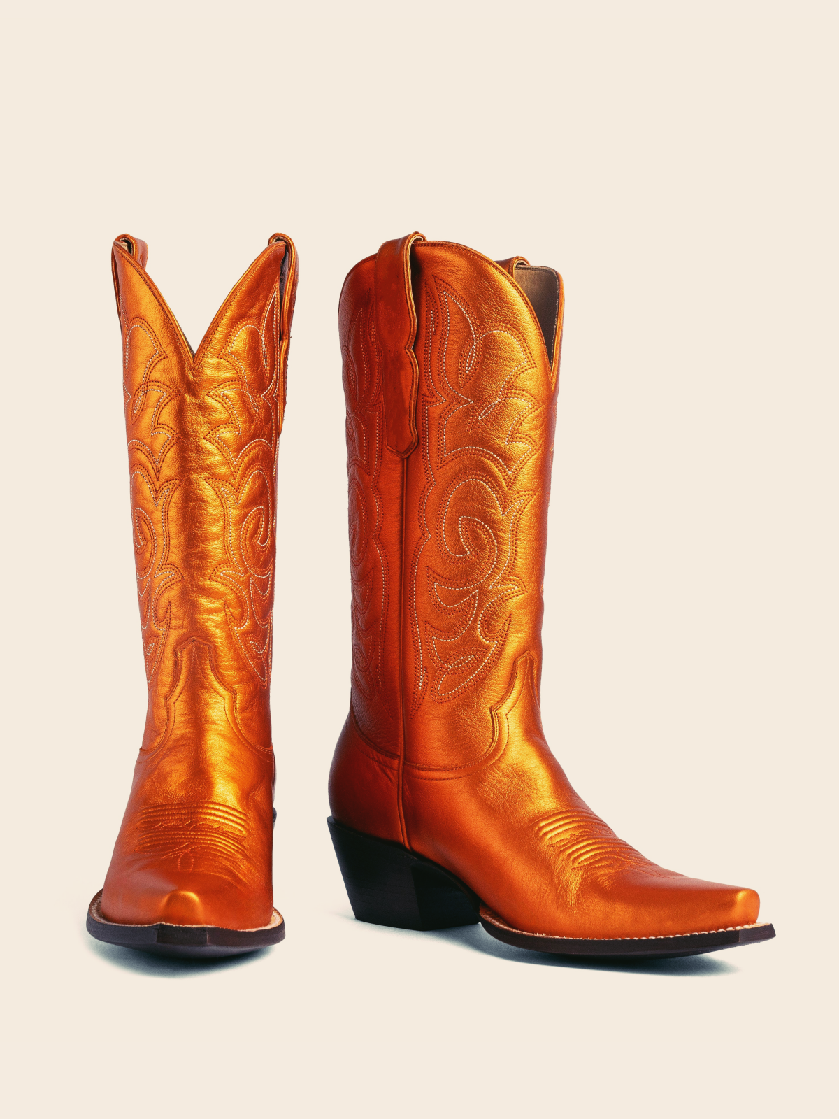 Metallic Orange Embroidered Snip-Toe Mid Calf Western Boots Wide Calf Cowgirl Boots