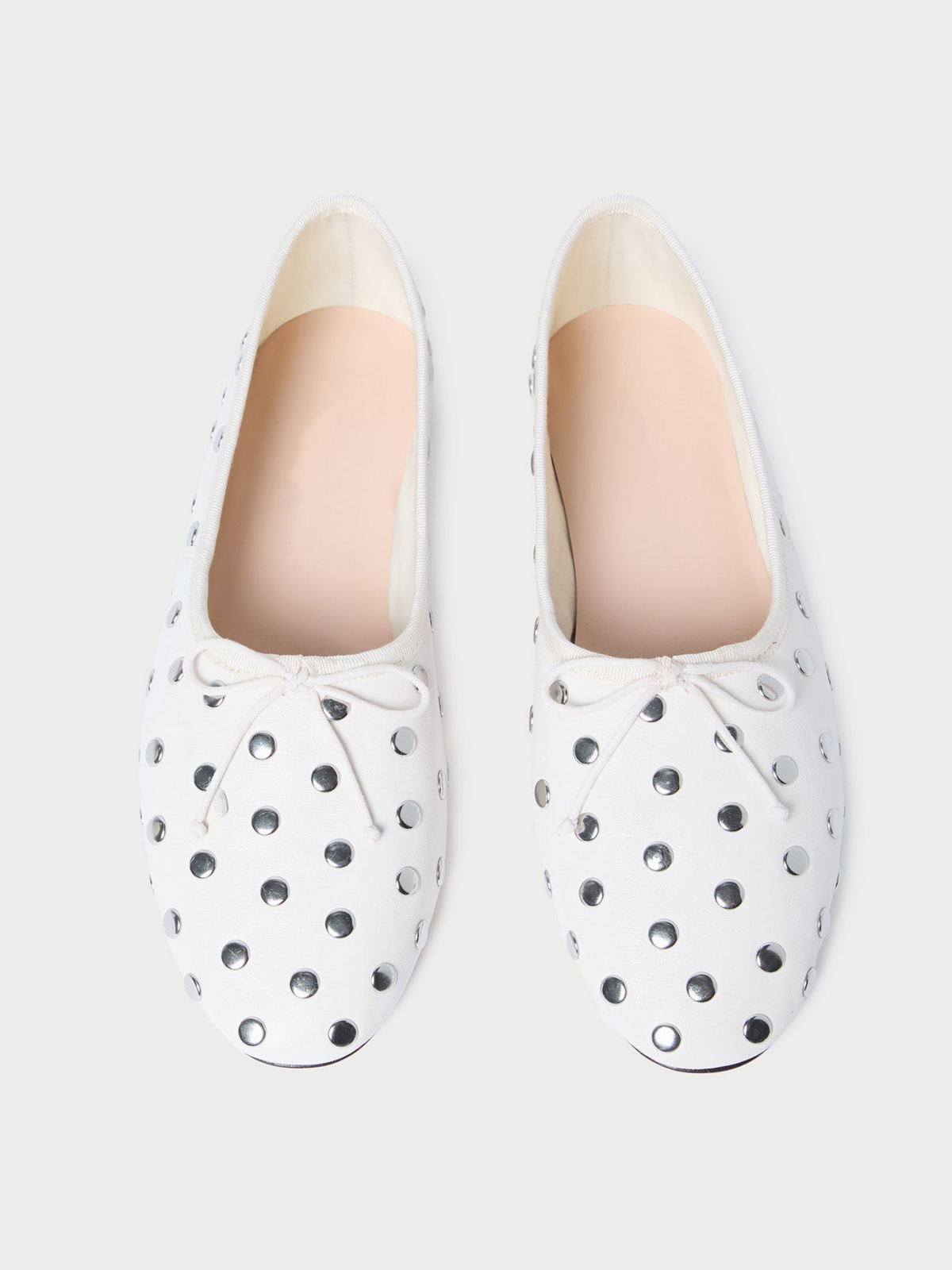 White Almond-Toe Bow Ballet Flats With Silver Studs