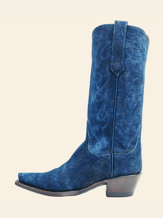 Navy Blue Faux Suede Snip-Toe Embroidery Wide Mid Calf Tall Cowgirl Boots