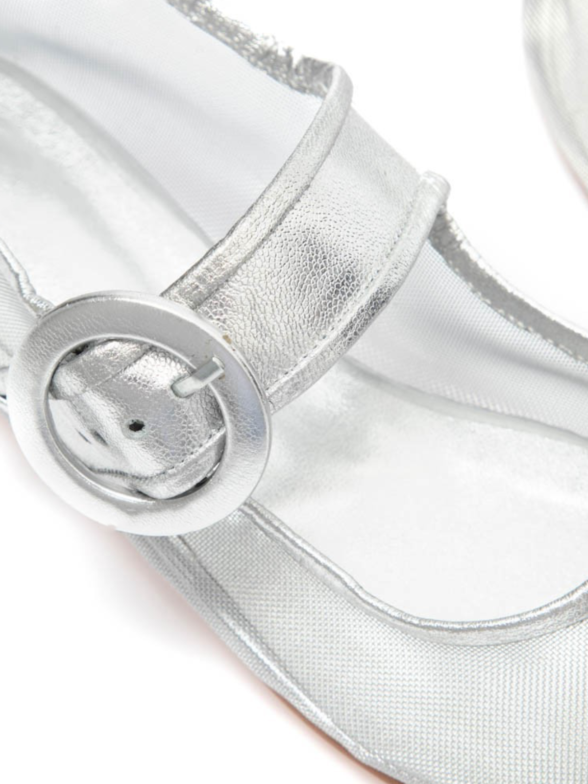 Metallic Silver Mesh Elongated Ballet Flats Mary Janes With Oversized Buckle