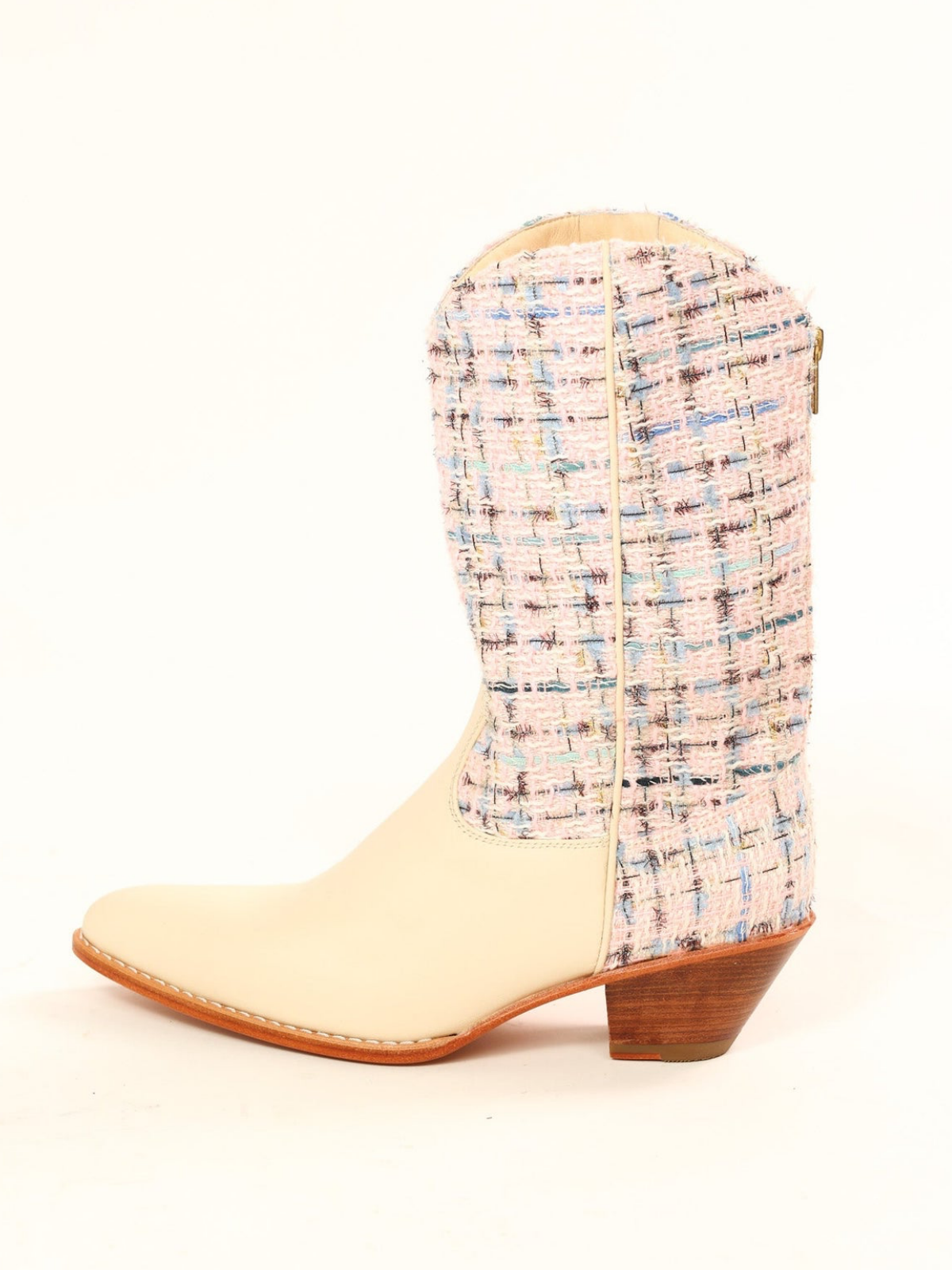 Beige Vegan Leather Contrast Blue Plaid Fabric Back-Zip Mid Calf Cowgirl Boots