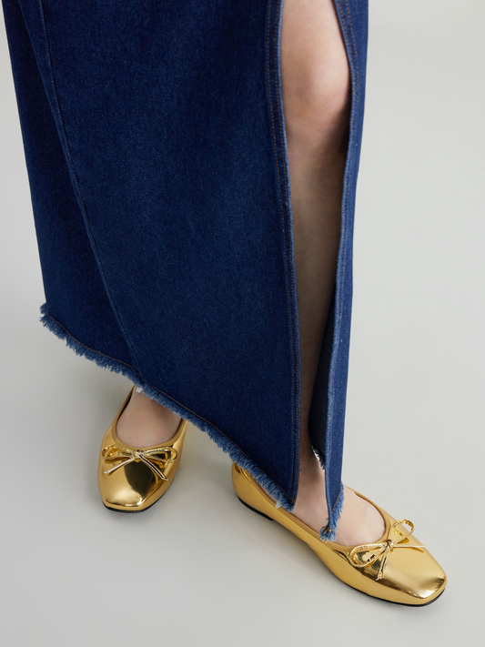 Gold Bow Ballet Flats With Square Toe In Mirror-Finish Metallic Vegan Leather