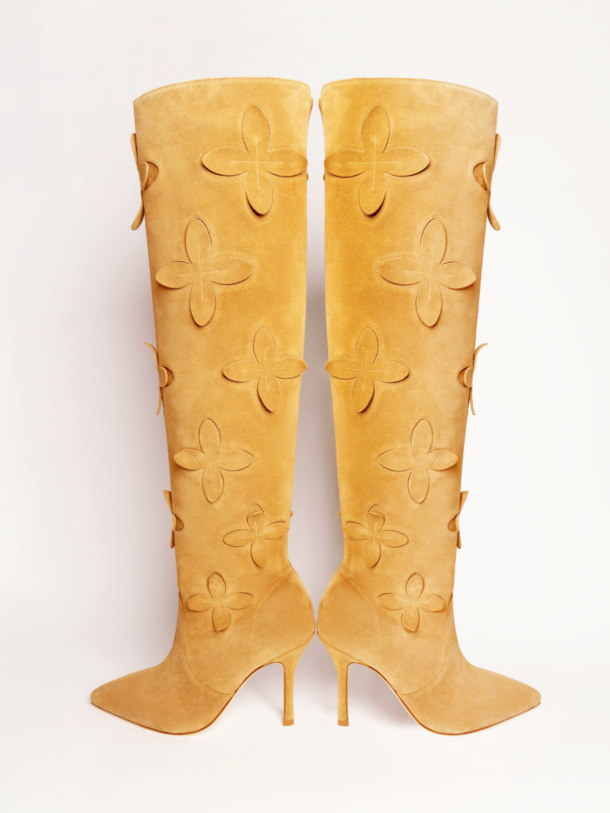 Tan Faux Suede Pointed-Toe Floral Applique Wide Calf Over-The-Knee Tall Stiletto Boots