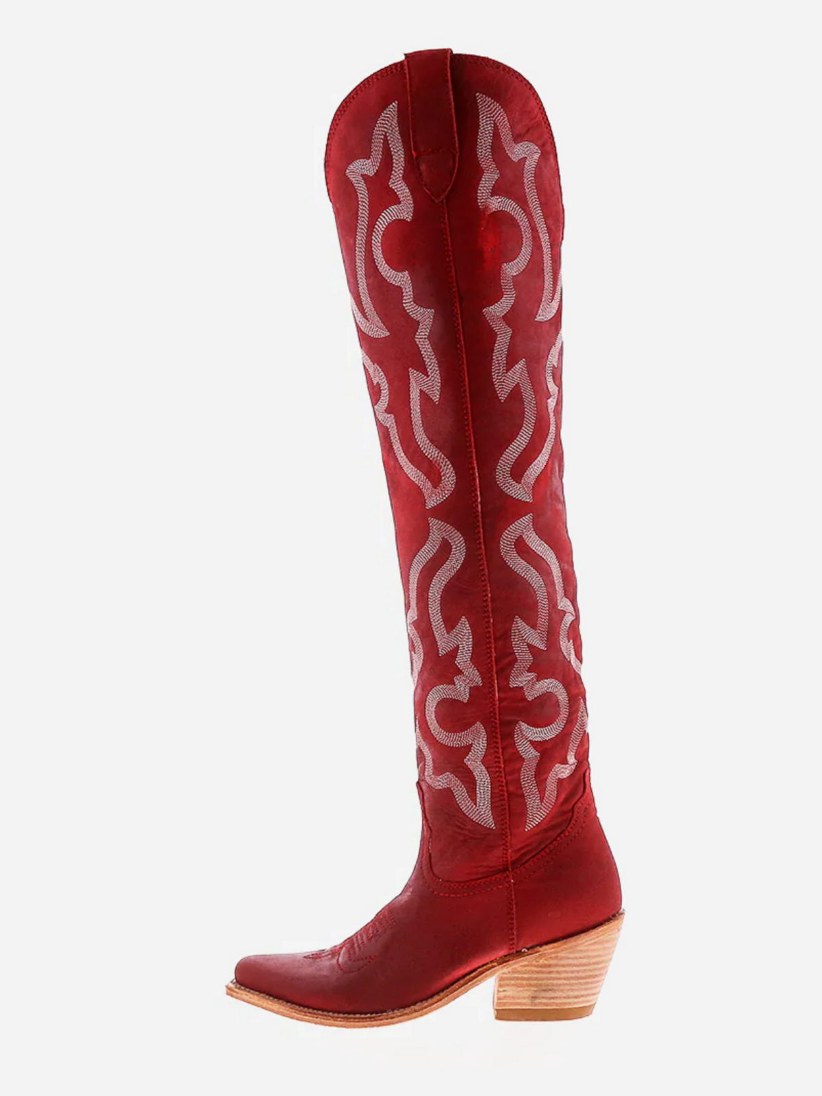 Red Faux Suede Embroidery Pointed-Toe Half-Zip Over-The-Knee Cowgirl Boots