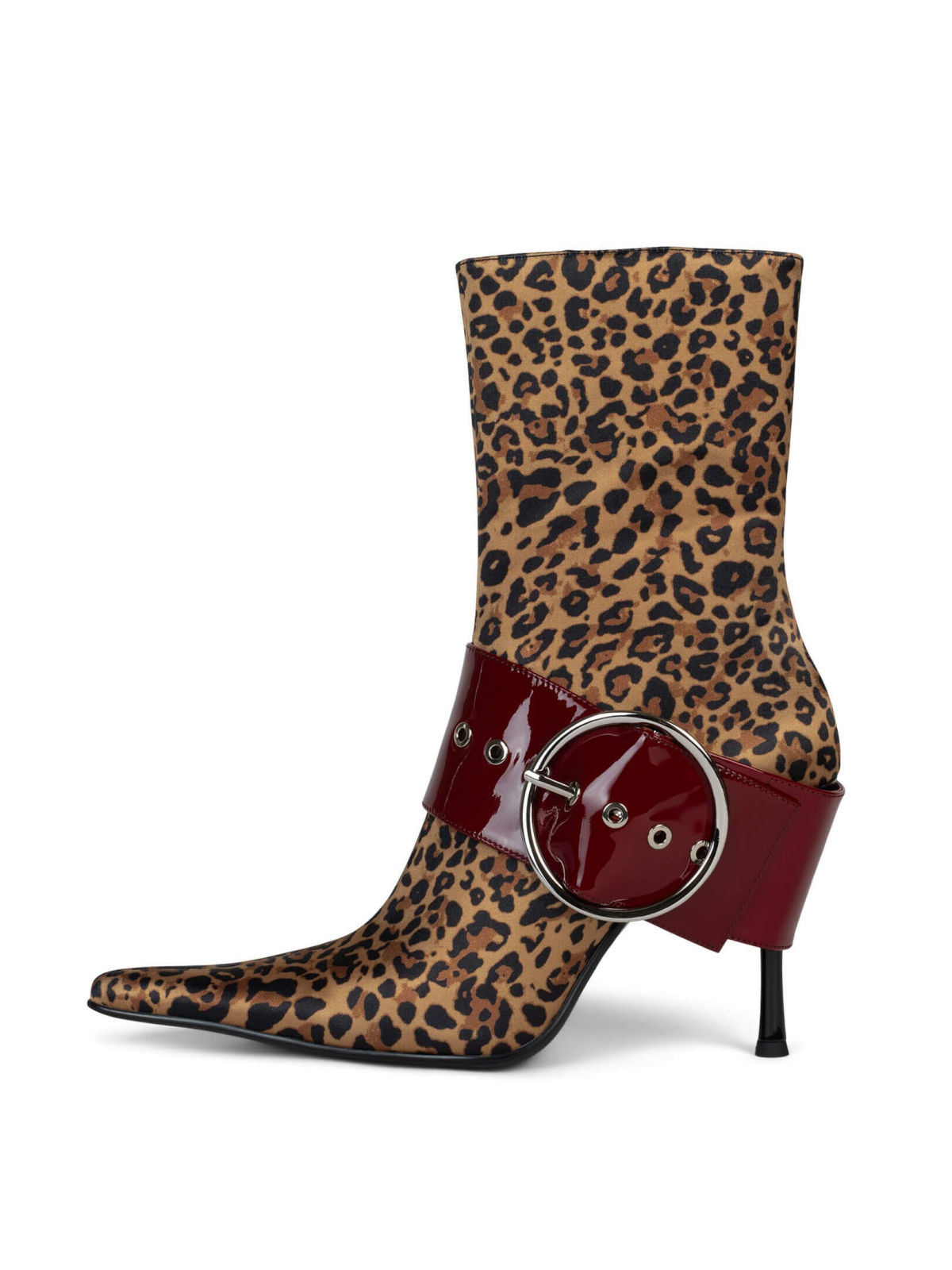 Leopard Fabric Pointed-Toe Full-Zip Mid Calf Stiletto Boots With Oversized Buckle