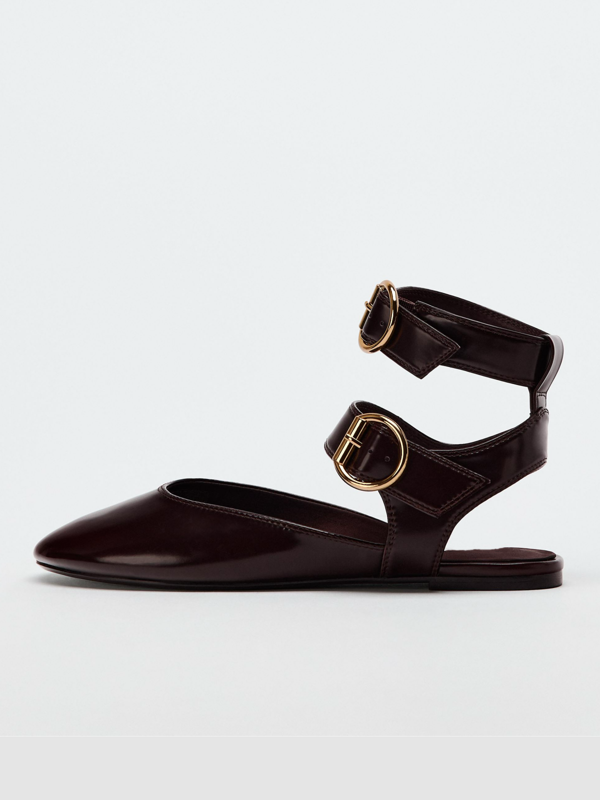 Burgundy Round-Toe Double Buckle At Ankle Strap Slingback Ballet Flats