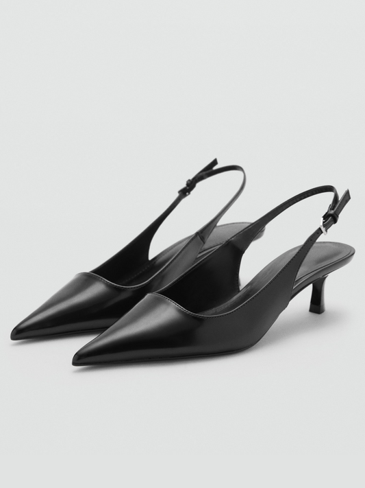 Black Pointed-Toe Simple Slingback Kitten Heels