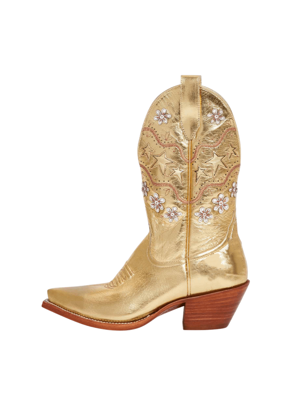 Metallic Gold Snip-Toe Stars Inlay And Flowers Applique Wide Mid Calf Cowgirl Boots