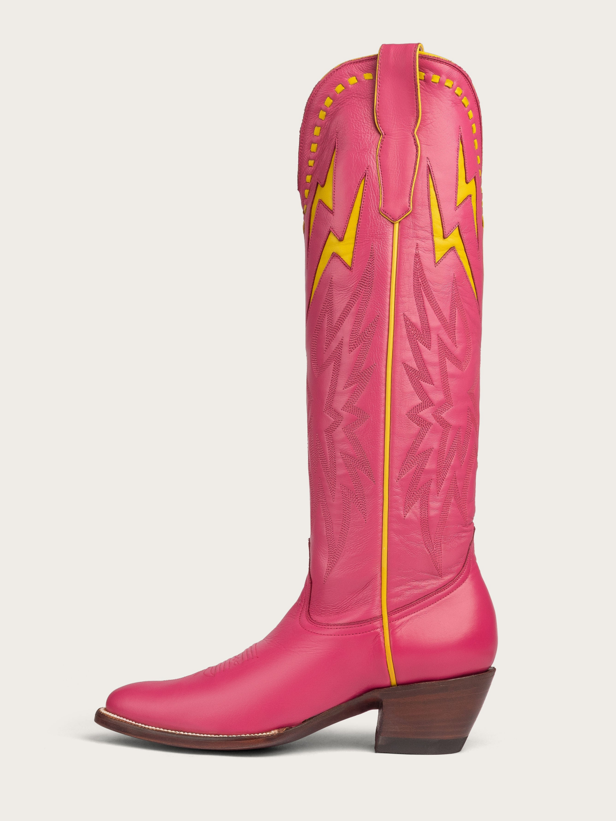 Yellow Lightning Inlay Stitch Embroidery Almond-Toe Wide Mid Calf Tall Cowgirl Boots - Fuchsia