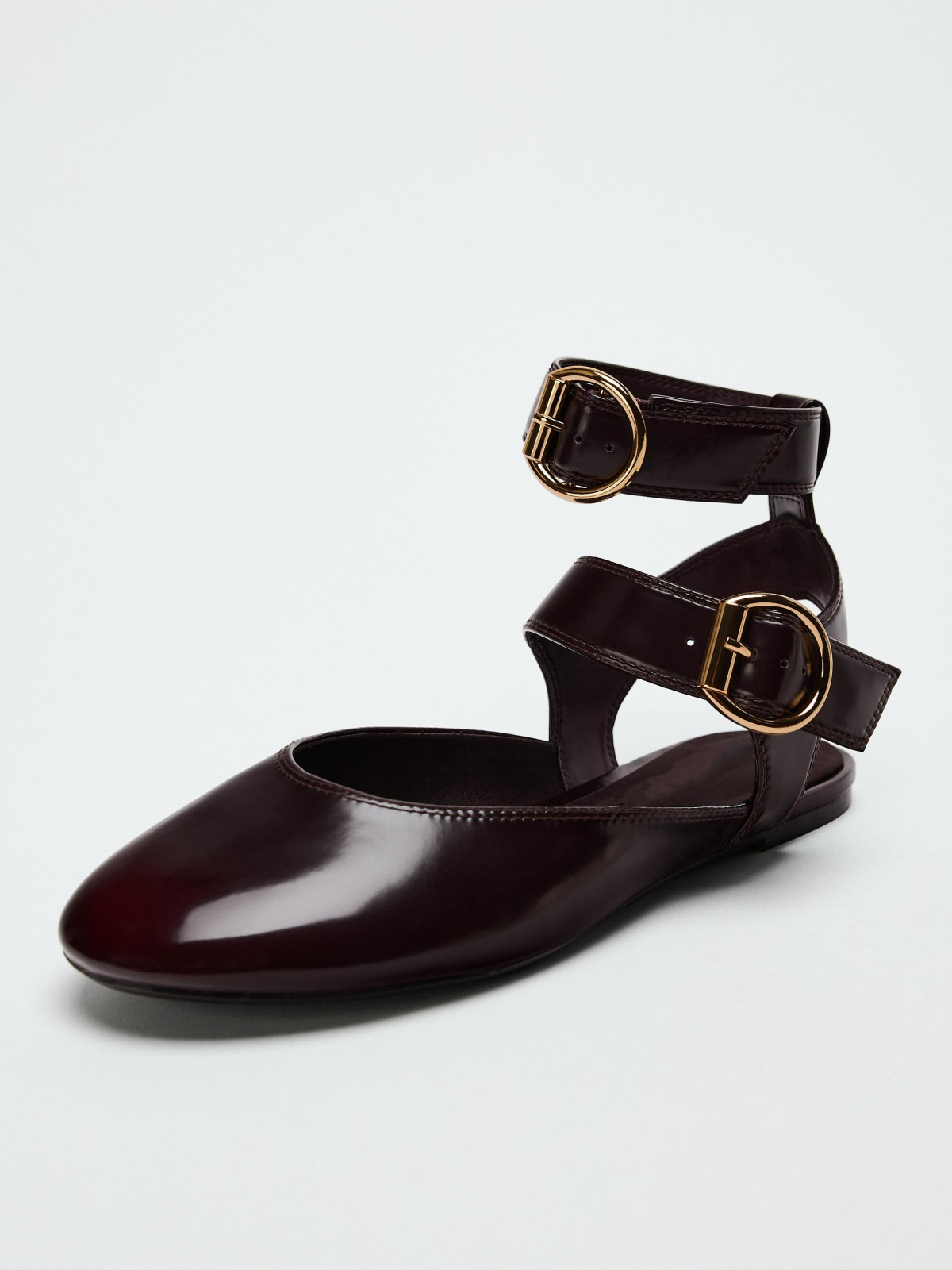 Burgundy Round-Toe Double Buckle At Ankle Strap Slingback Ballet Flats