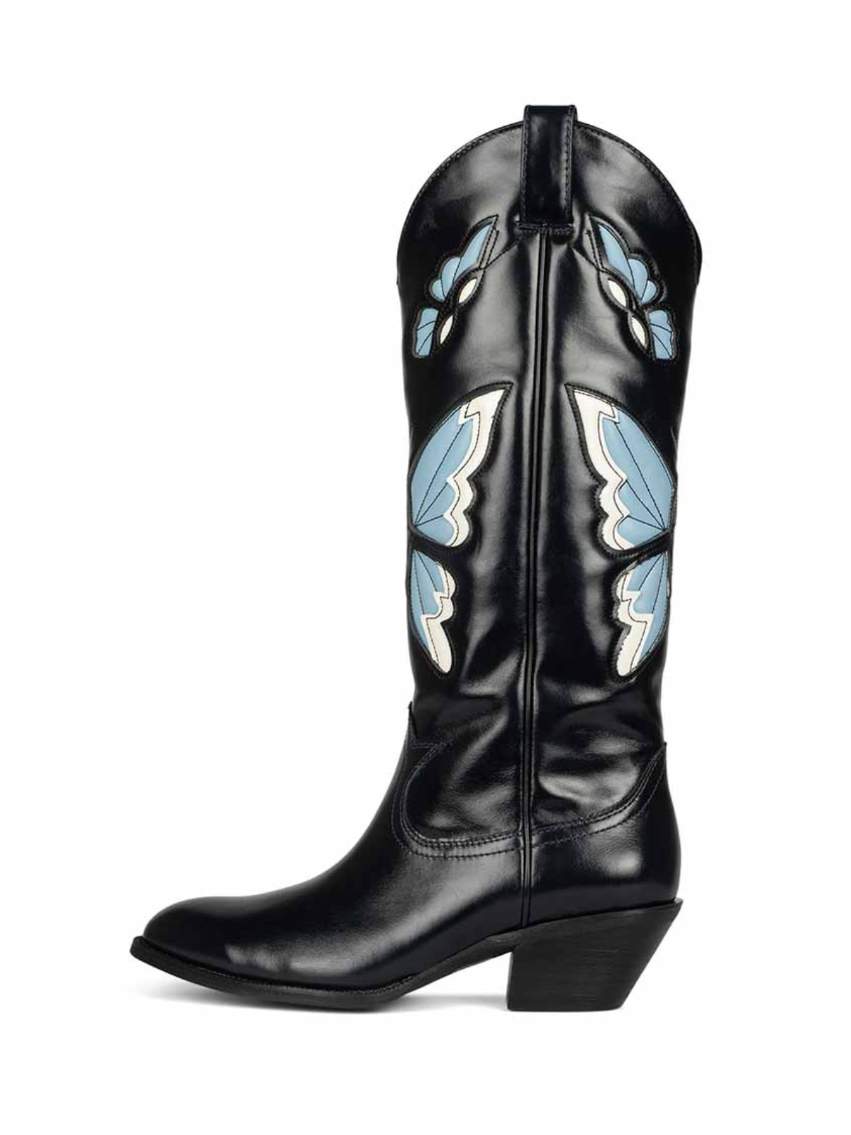 Black Round-Toe Butterfly Inlay Wide Mid Calf Cowgirl Boots