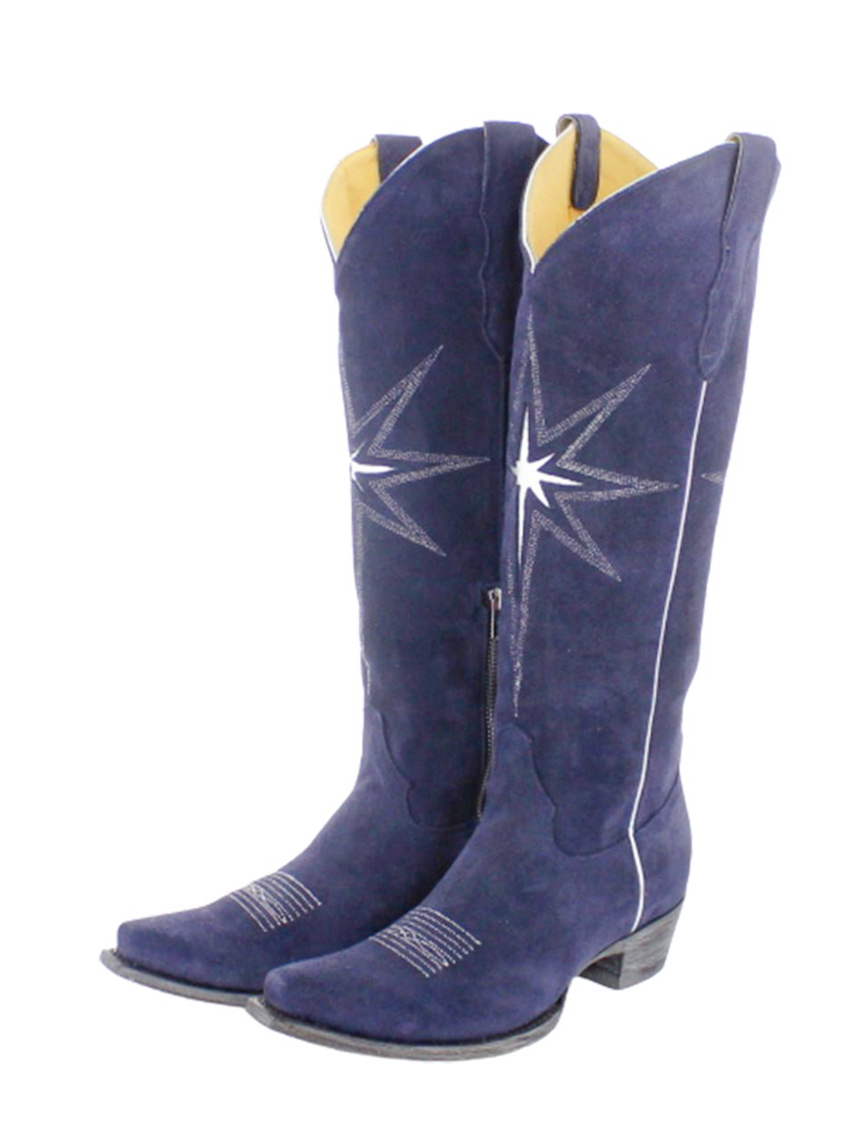 Indigo Faux Suede Snip-Toe Starburst Inlay Embroidery Half-Zip Tall Knee High Cowgirl Boots