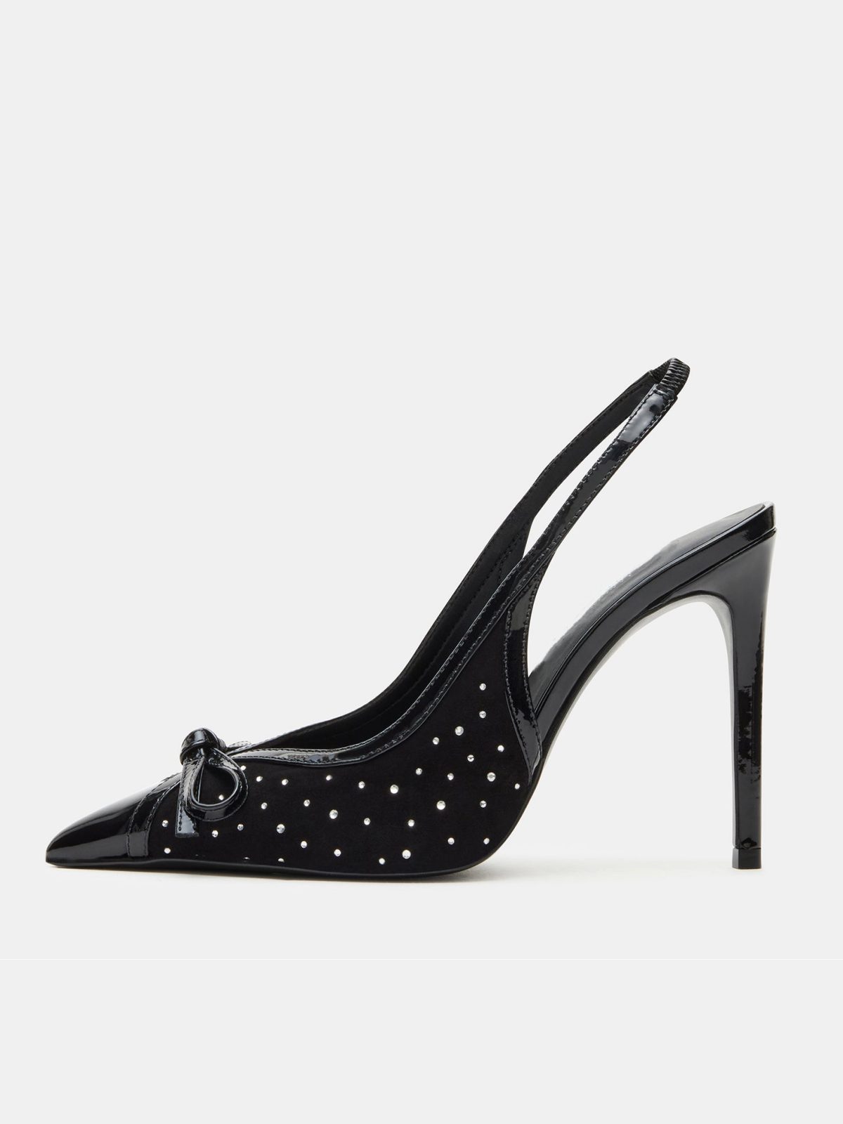 Black Contrast Patent Leather And Mesh Pointed-Toe Slingback Rhinestone Bow High Heels