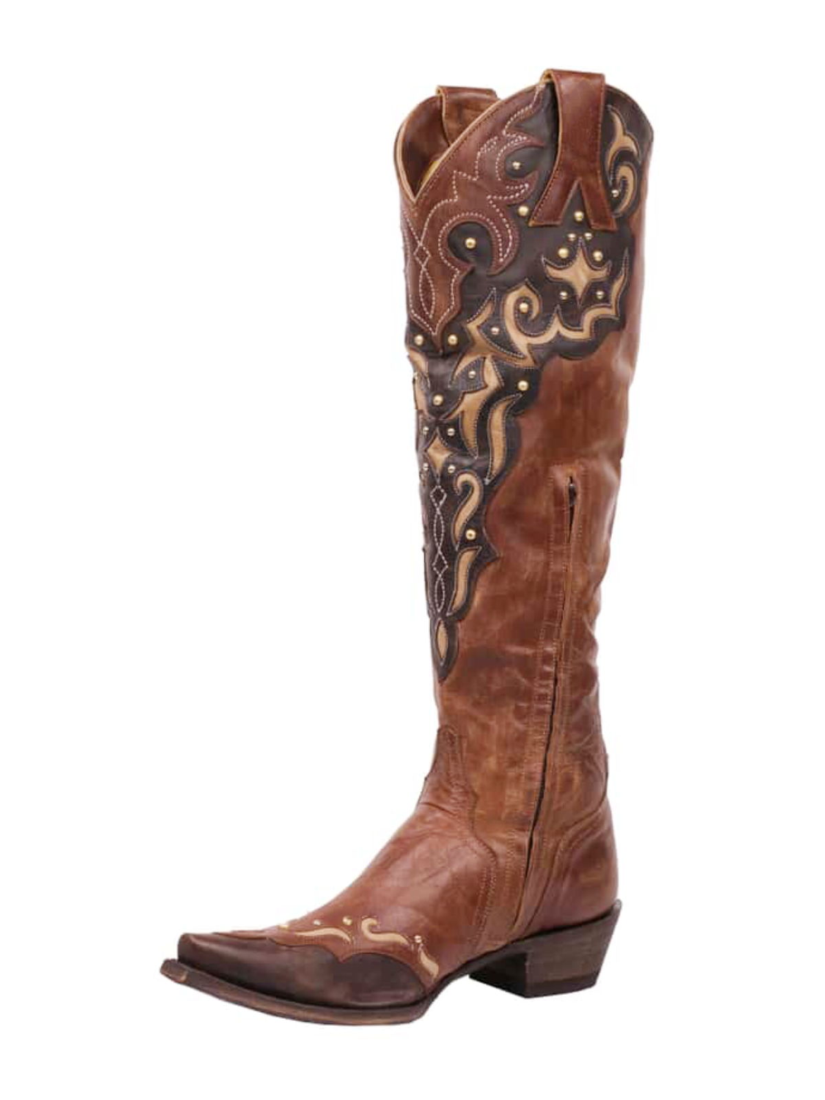 Brown Snip-Toe Half-Zip Embroidery Studded Inlay Applique Tall Knee High Cowgirl Boots