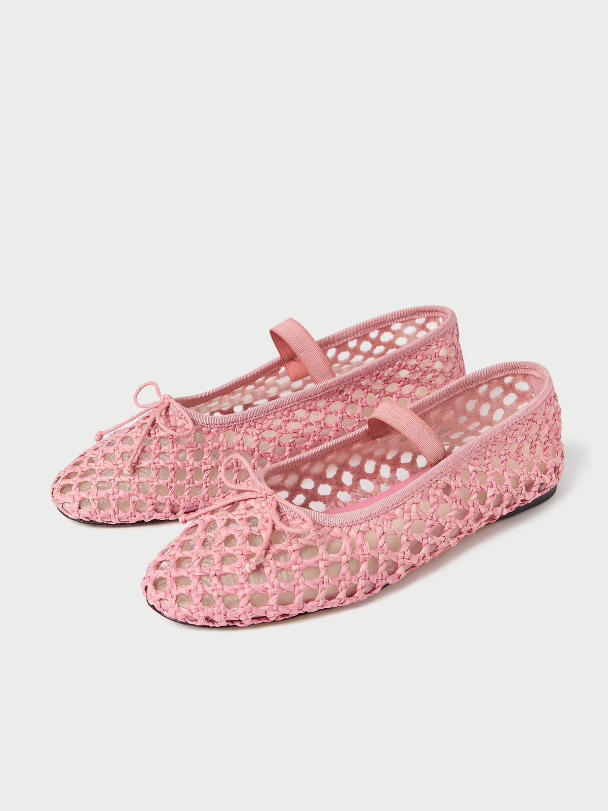 Pink Almond-Toe Straw-Woven Elastic Bridge Strap Bow Mesh Ballet Flats