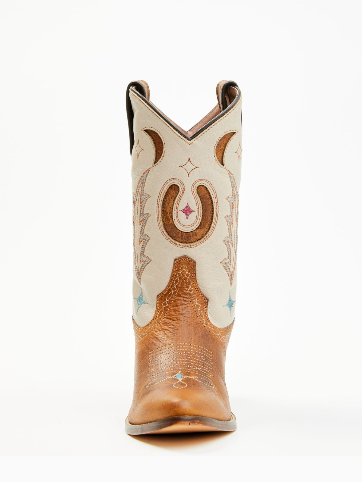 Contrast Brown And Ivory Almond-Toe Embroidery Moon Inlay Wide Mid Calf Cowgirl Boots