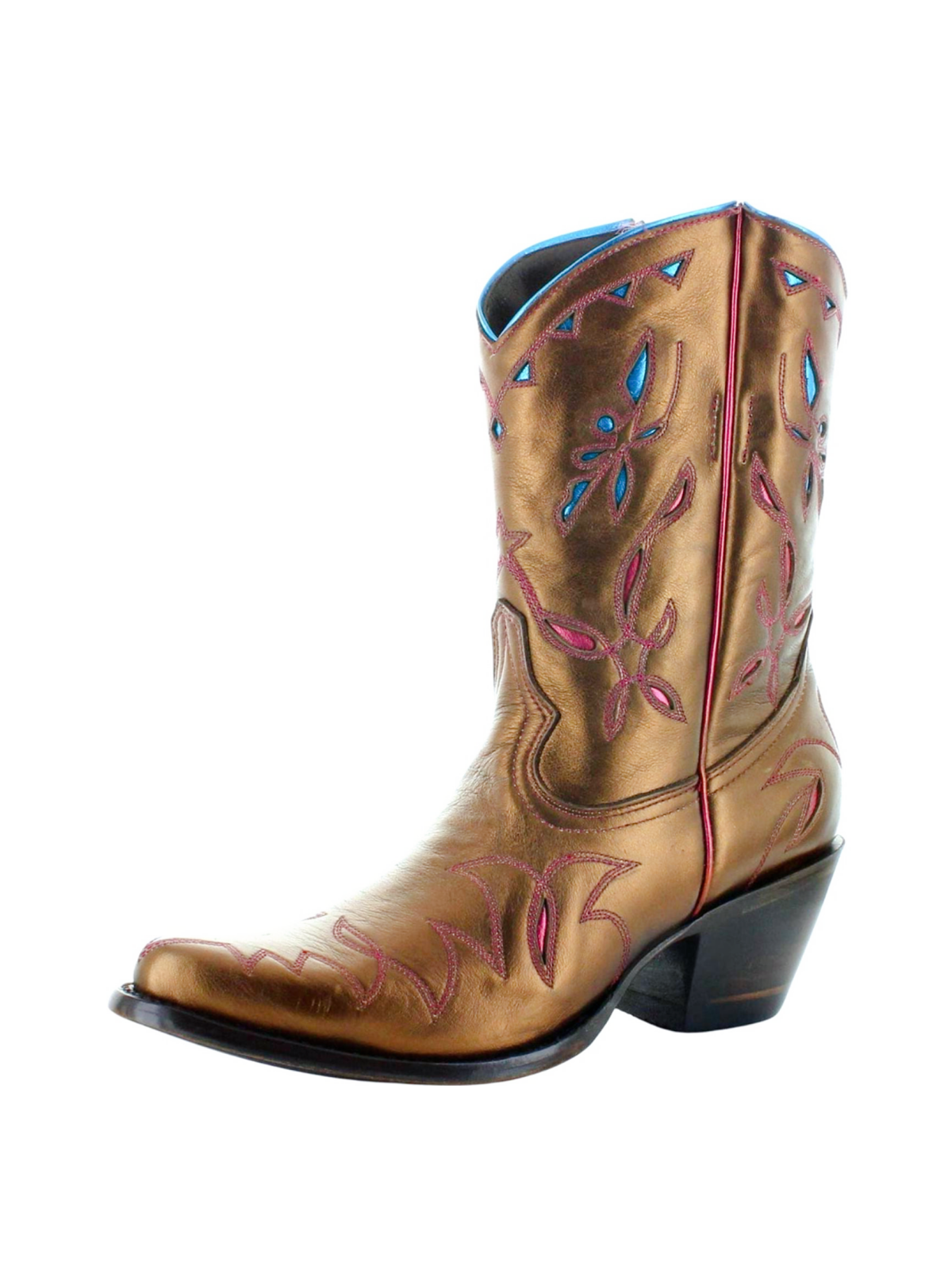 Metallic Almond-Toe Embroidery Inlay Wide Mid Calf Cowgirl Boots - Copper