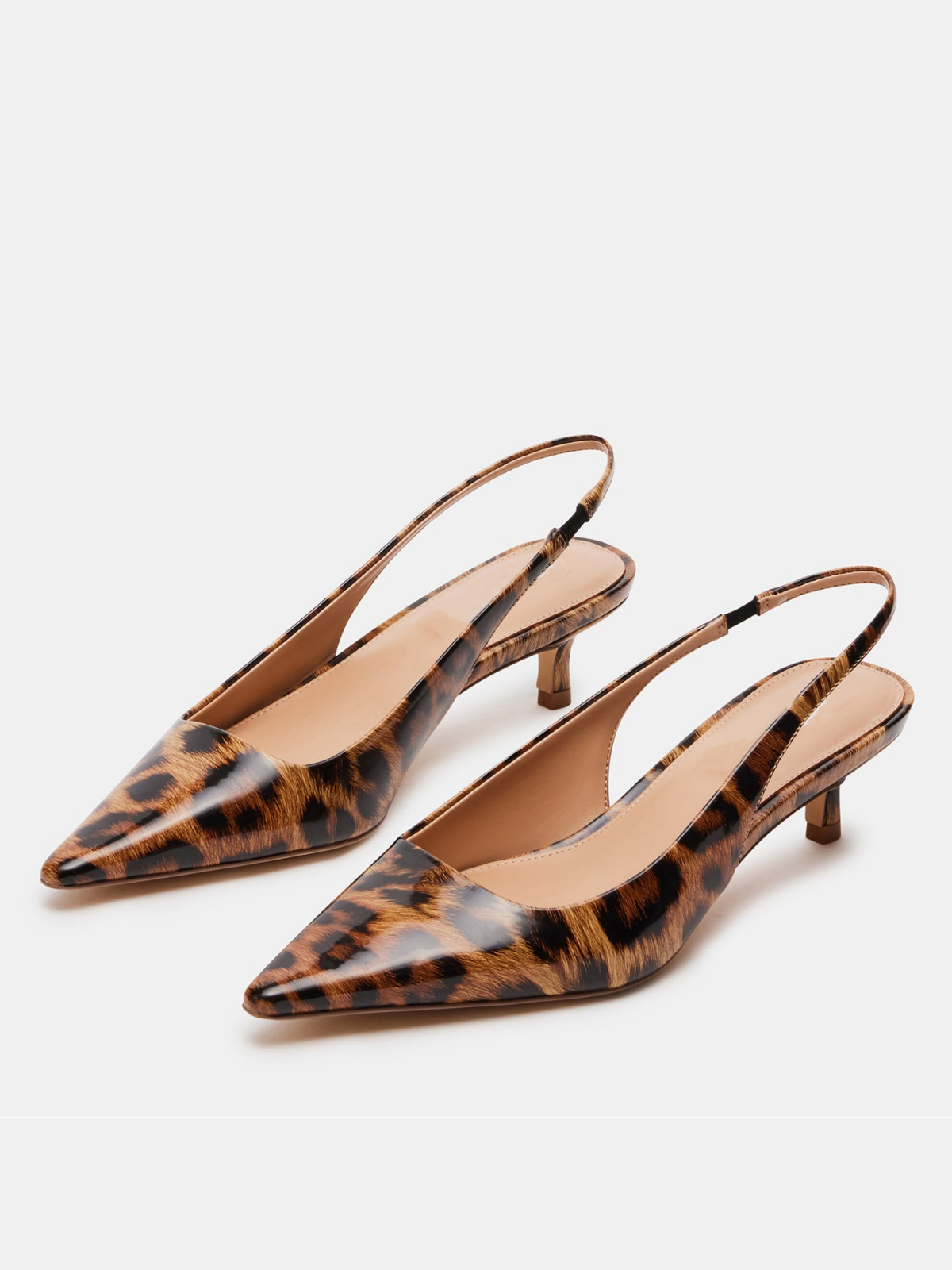 Patent Leopard Pointed-Toe Slingback Strap Kitten Heels