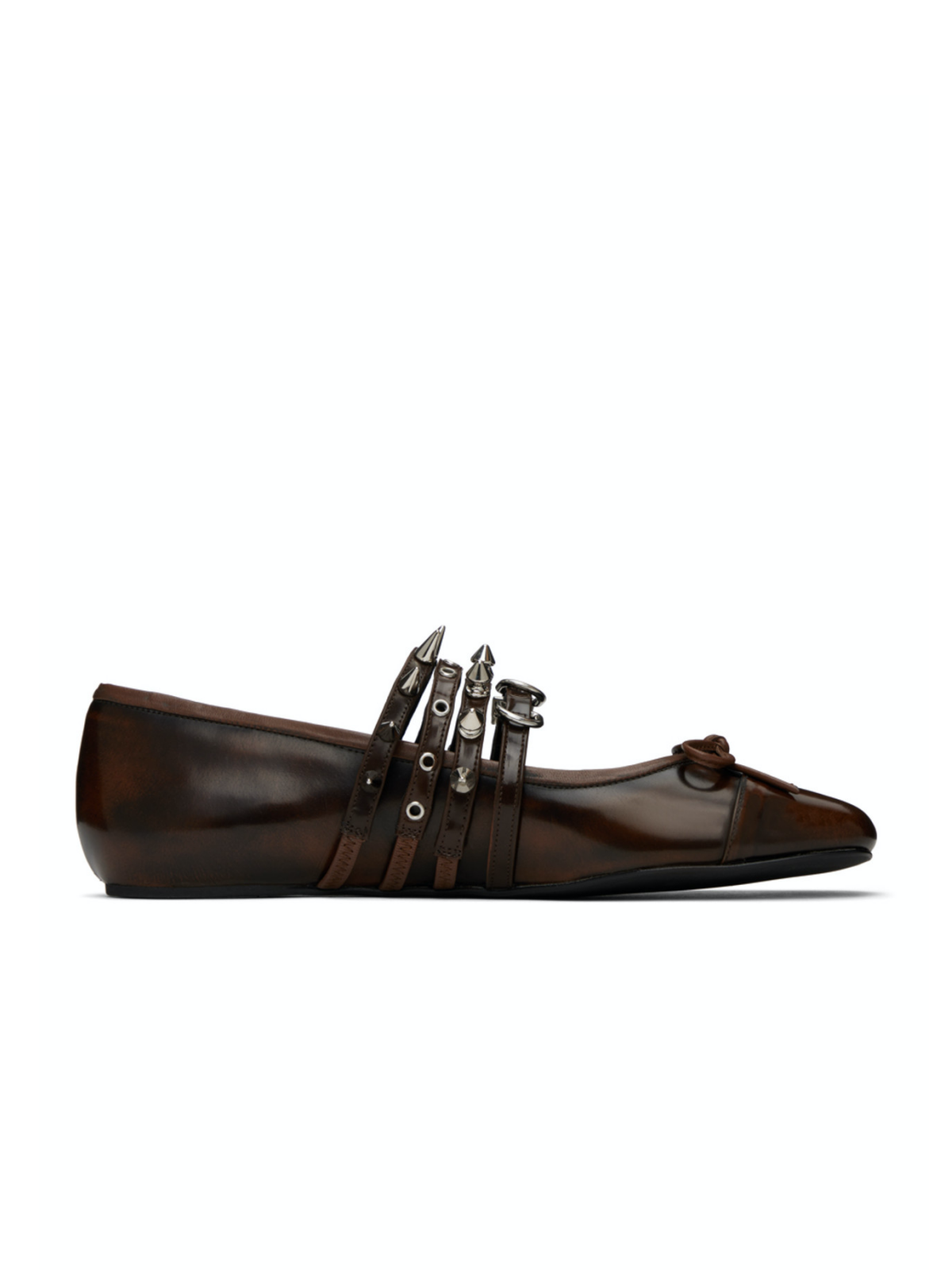 Retro Brown Bow Spike Strappy Square-Toe Ballet Flats Mary Janes