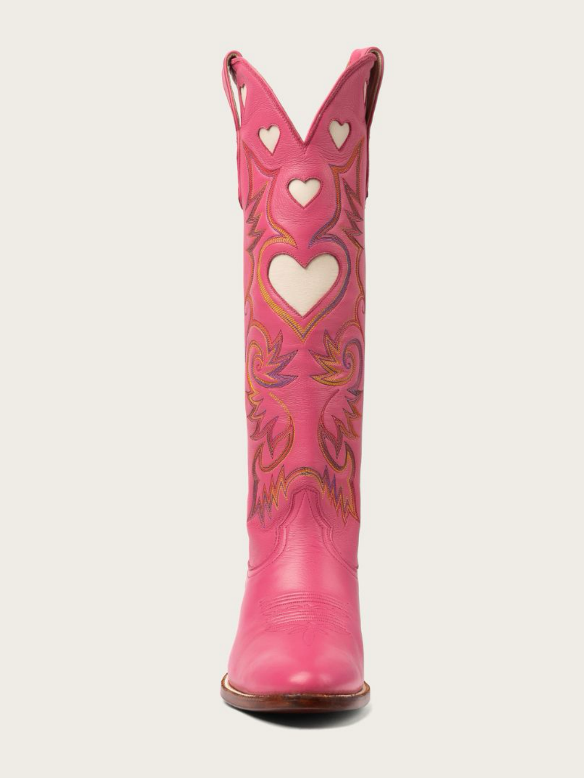 Ivory Heart Inlay Embroidery Almond-Toe Tall Wide Mid Calf Cowgirl Boots - Hot Pink