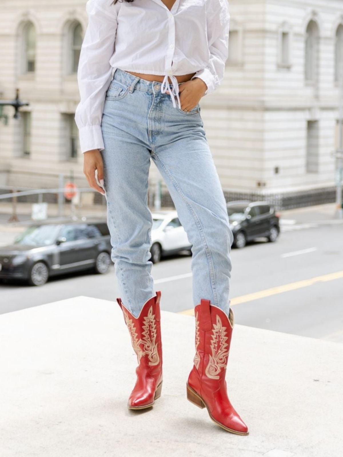 Red Pointed-Toe Embroidery Tall Wide Mid Calf Cowgirl Boots