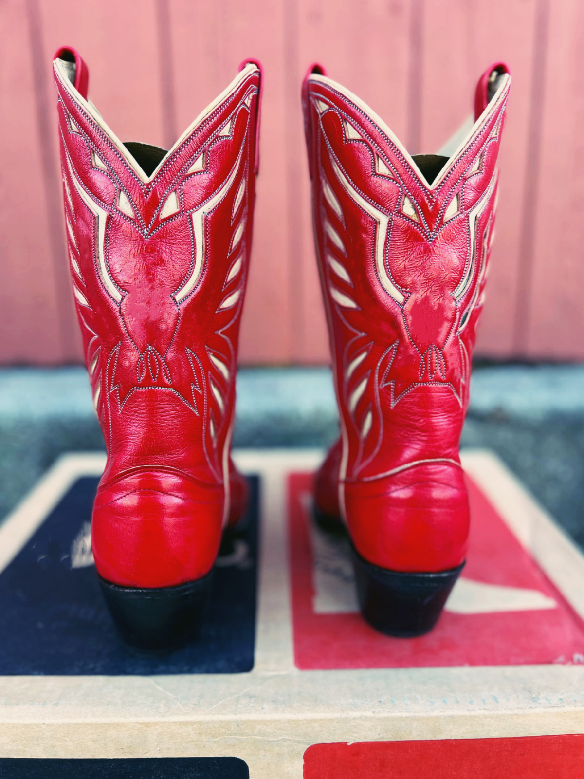 Red Thunderbird Inlay Wide Mid Calf Boots Pointed-Toe Western Cowgirl Boots