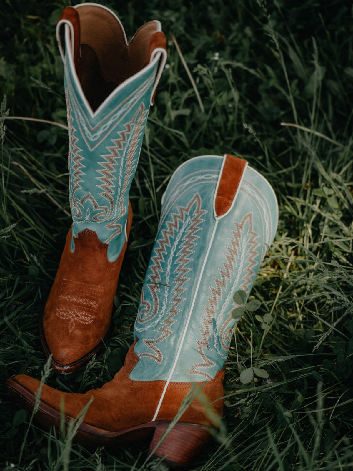 Contrast Teal Green And Brown Faux Suede Almond-Toe Embroidery Wide Mid Calf Cowgirl Boots