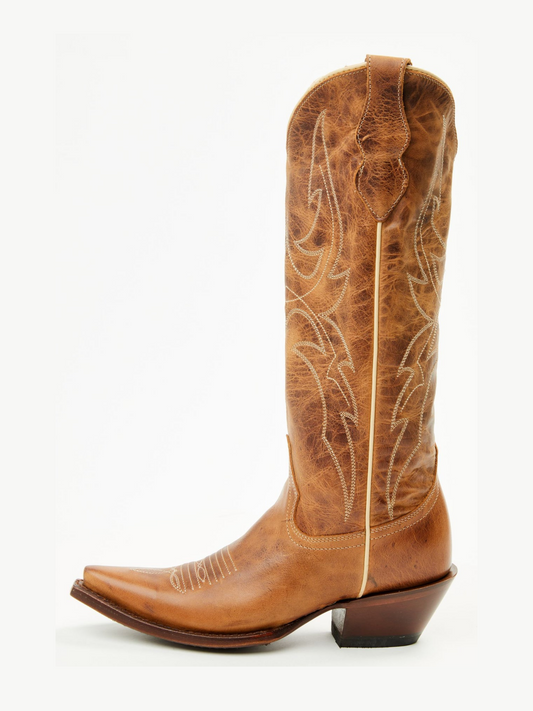 Distressed Brown Snip-Toe Western Embroidery Knee High Cowgirl Boots
