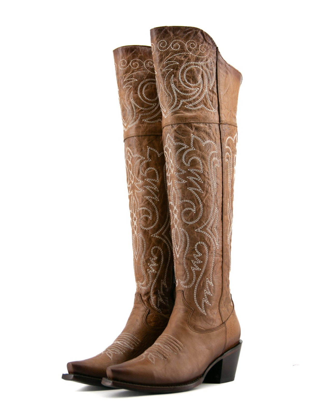 Distressed Camel Snip-Toe Half-Zip Embroidery Tall Knee High Cowgirl Boots