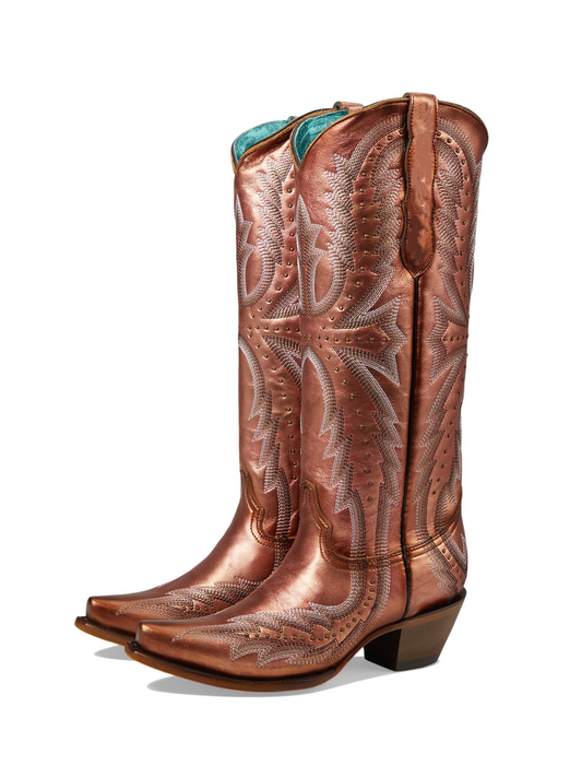 Metallic Rose Gold Snip-Toe Studded Embroidery Wide Knee High Cowgirl Boots