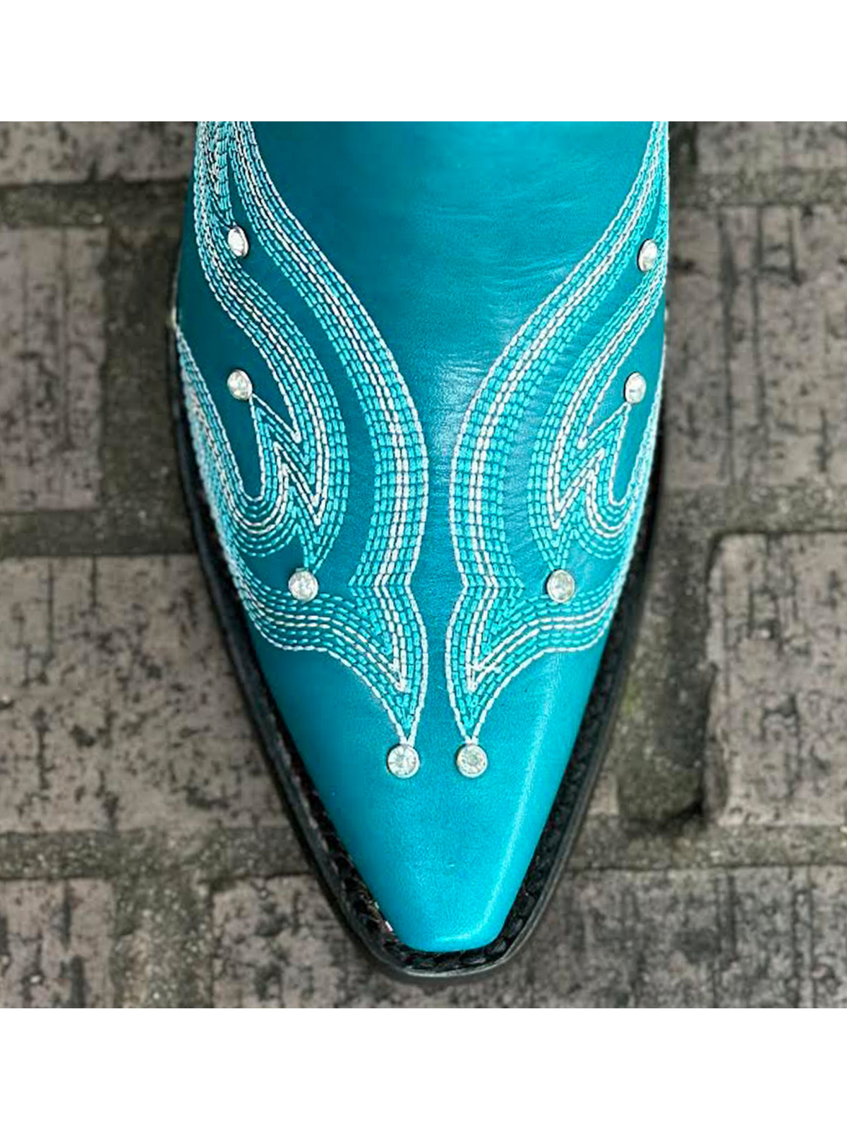 Rhinestone Embroidery Snip-Toe Wide Mid Calf Tall Cowgirl Boots - Turquoise