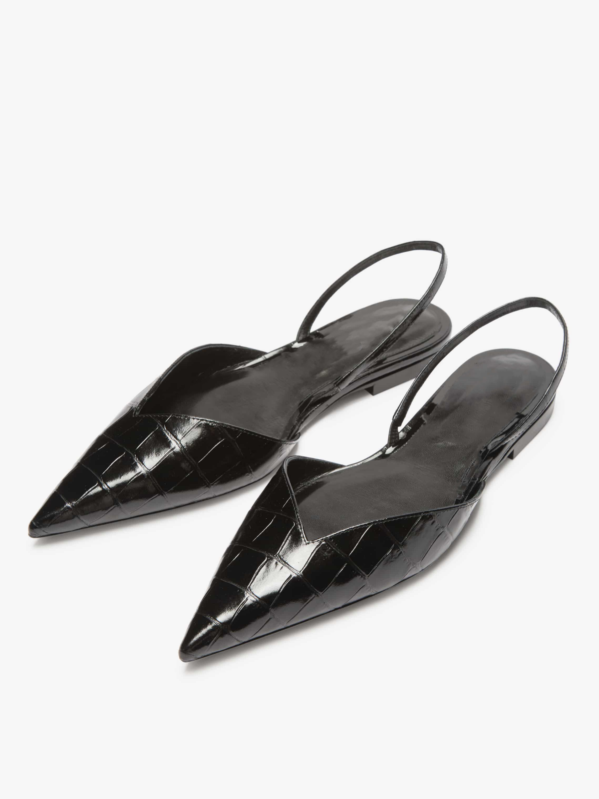 Black Crocodile Embossed Pointy Comfy Slingback Flats