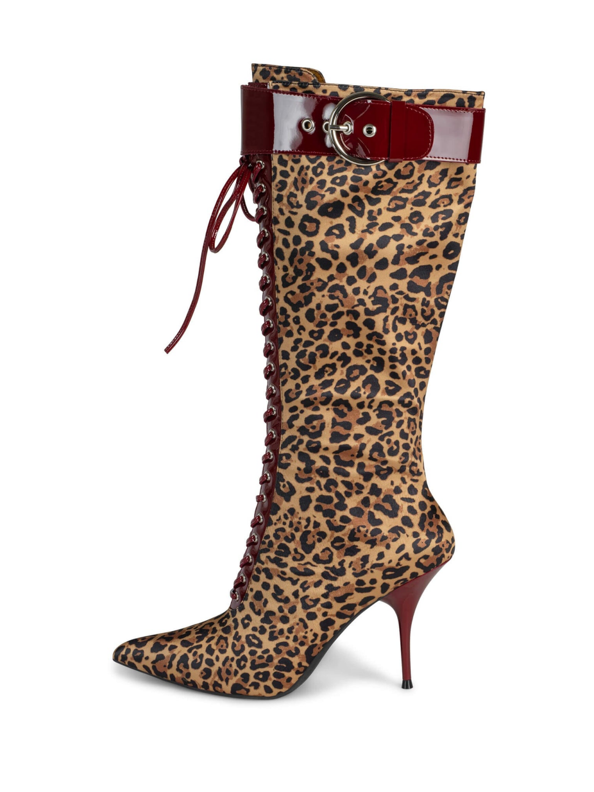 Leopard Fabric Pointed-Toe Patent Lace-Up Full-Zip Mid Calf Stiletto Boots