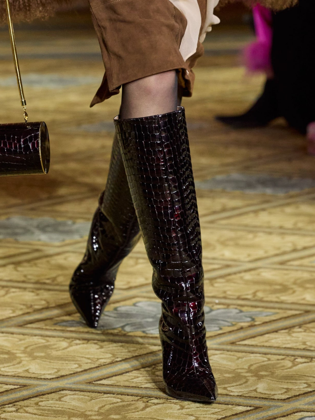 Patent Burgundy Crocodile Print Wide Calf Tall Knee High Boots