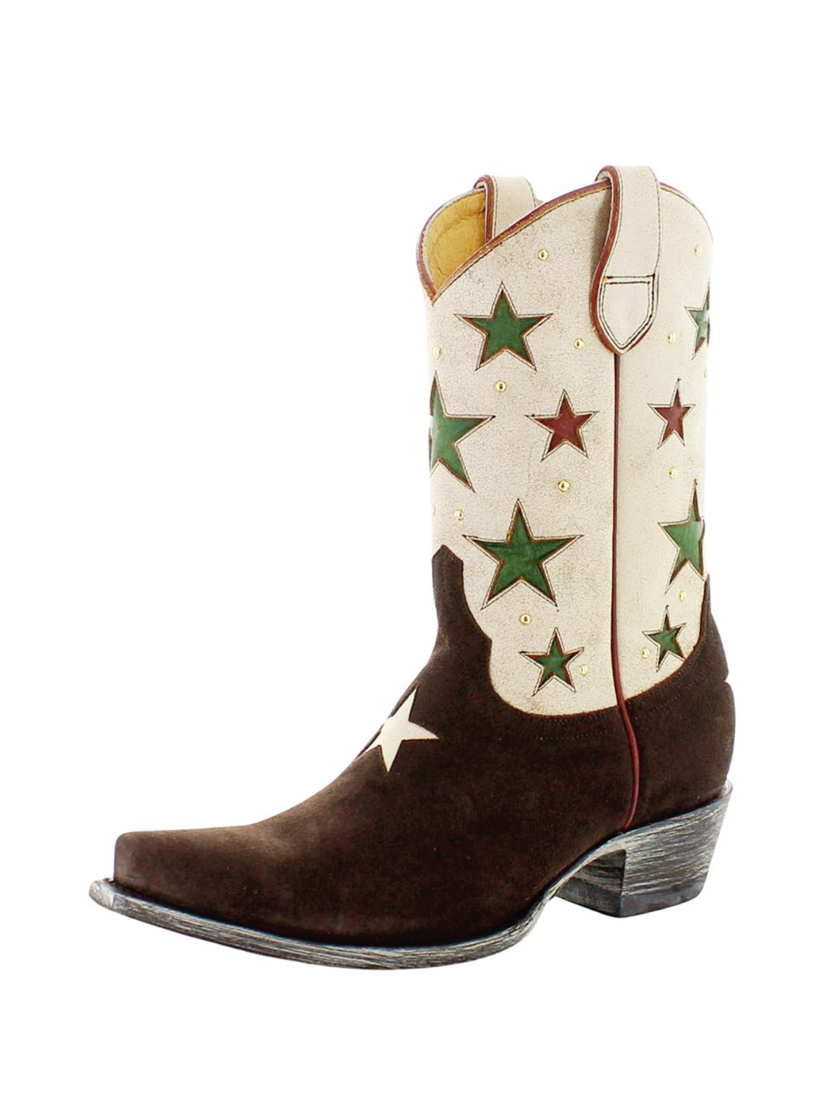 Contrast Dark Brown Faux Suede And Ivory Snip-Toe Studded Star Inlay Wide Mid Calf Cowgirl Boots